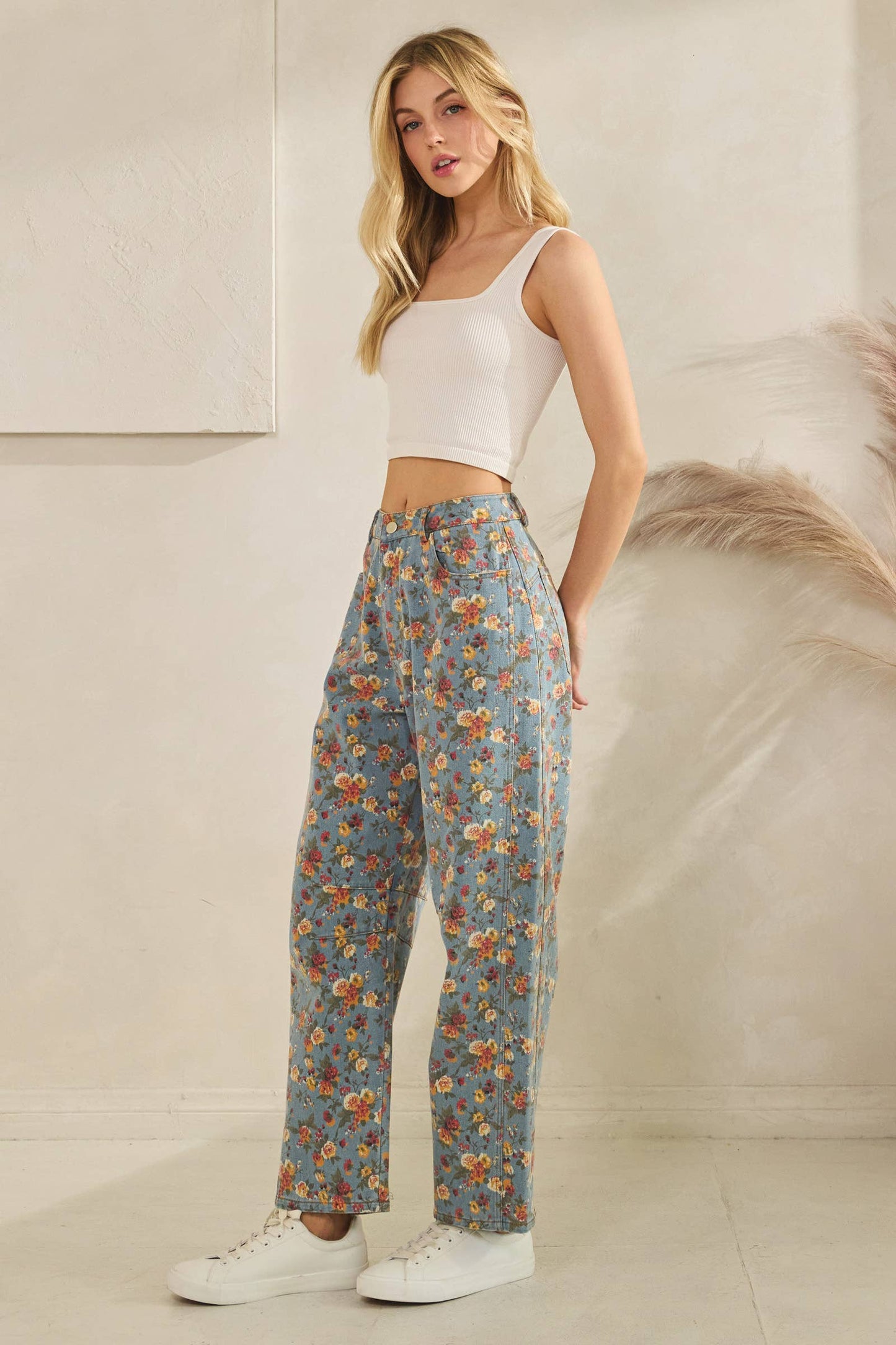 Mineral Washed Floral Denim Barrel Pants: DK DENIM