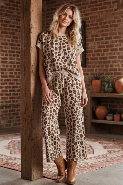 LEOPARD PRINT SCUBA TOP AND PANTS SETS: BROWN MULTI /