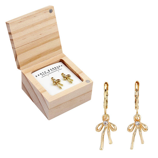 Treasure Box Bow Earring - Bows: Pine Wood, Zinc Alloy, Glass / 0.35 W x 1.2 H, Box: 2 SQ x 1.25 H