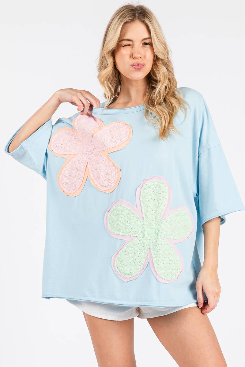 WASHED FLORAL PATCHWORK OVERSIZED TEE: DUSTY BLUE