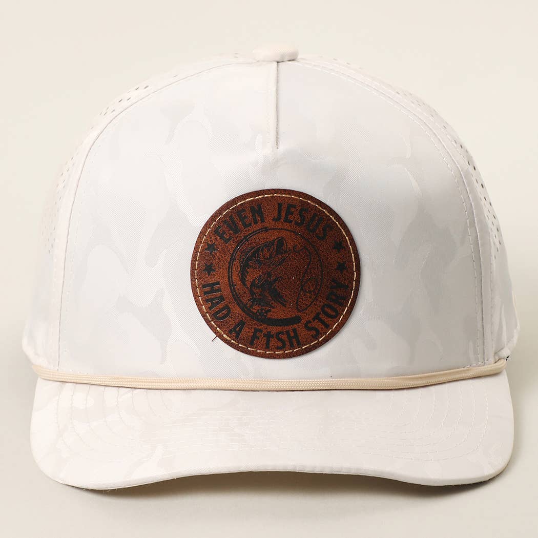 EVEN JESUS HAD A FISH STORY Leather Patch Rope Trucker Hat: WHITE