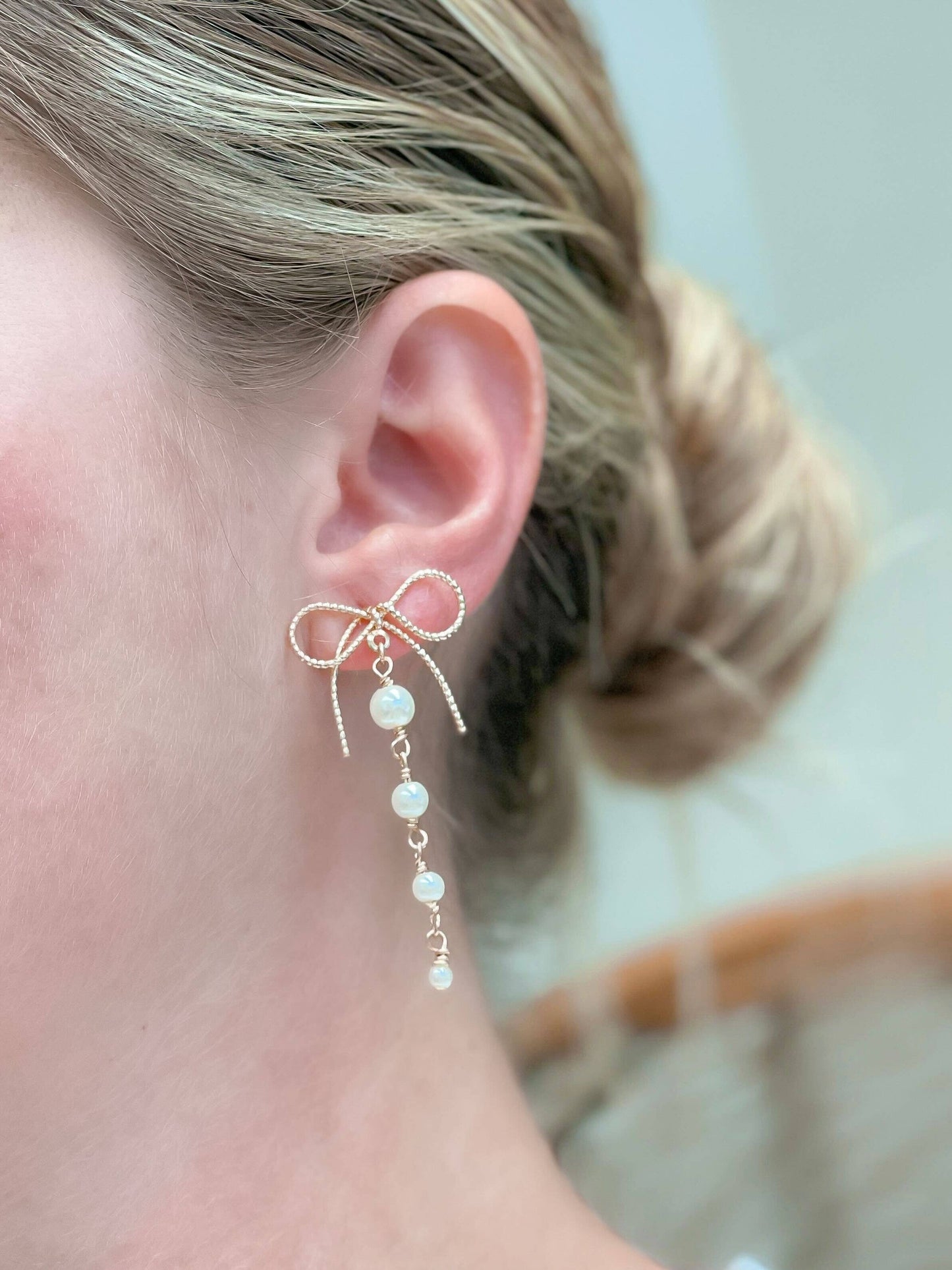 Dainty Bow & Pearl Chain Dangle Earrings: Silver