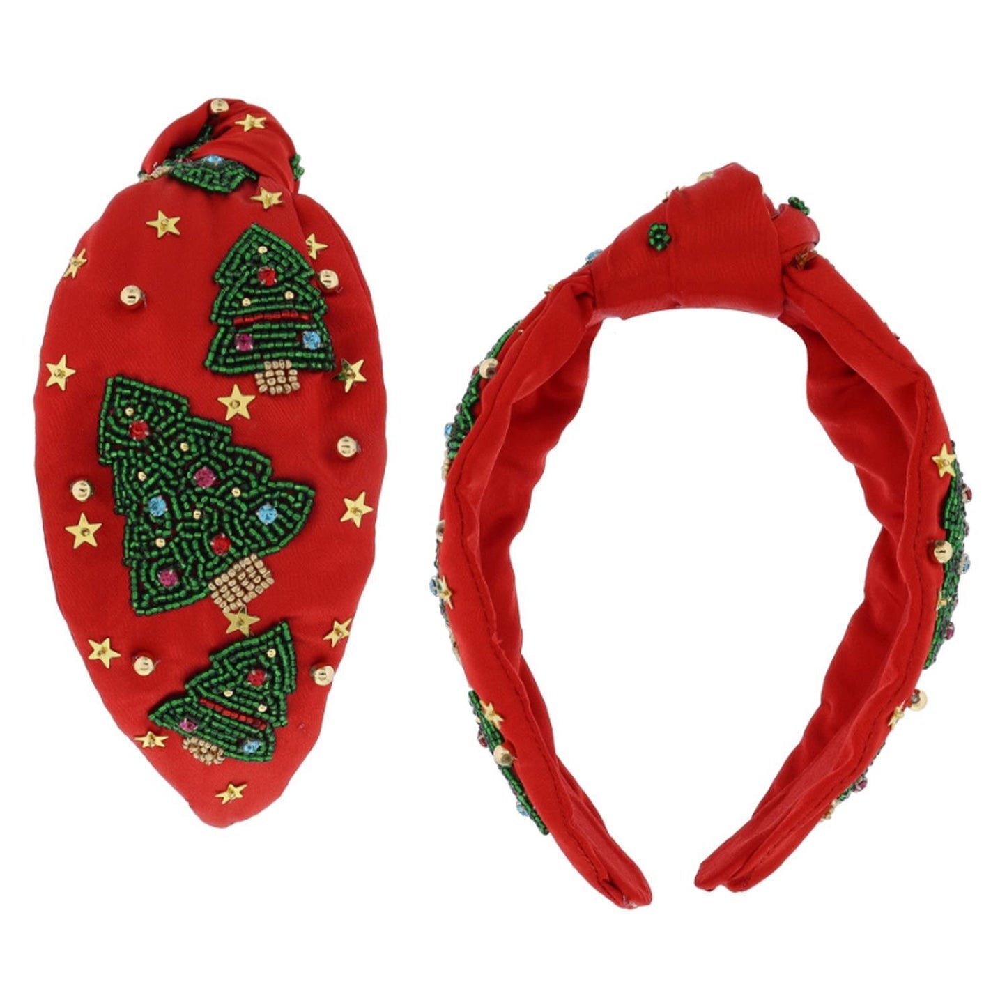 Beaded Christmas Trees with Gold Star Sequins on Knotted Red Headband