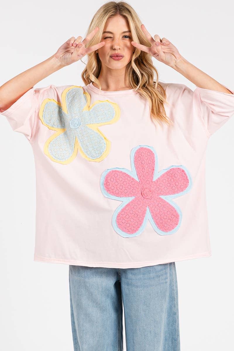 WASHED FLORAL PATCHWORK OVERSIZED TEE: DUSTY BLUE