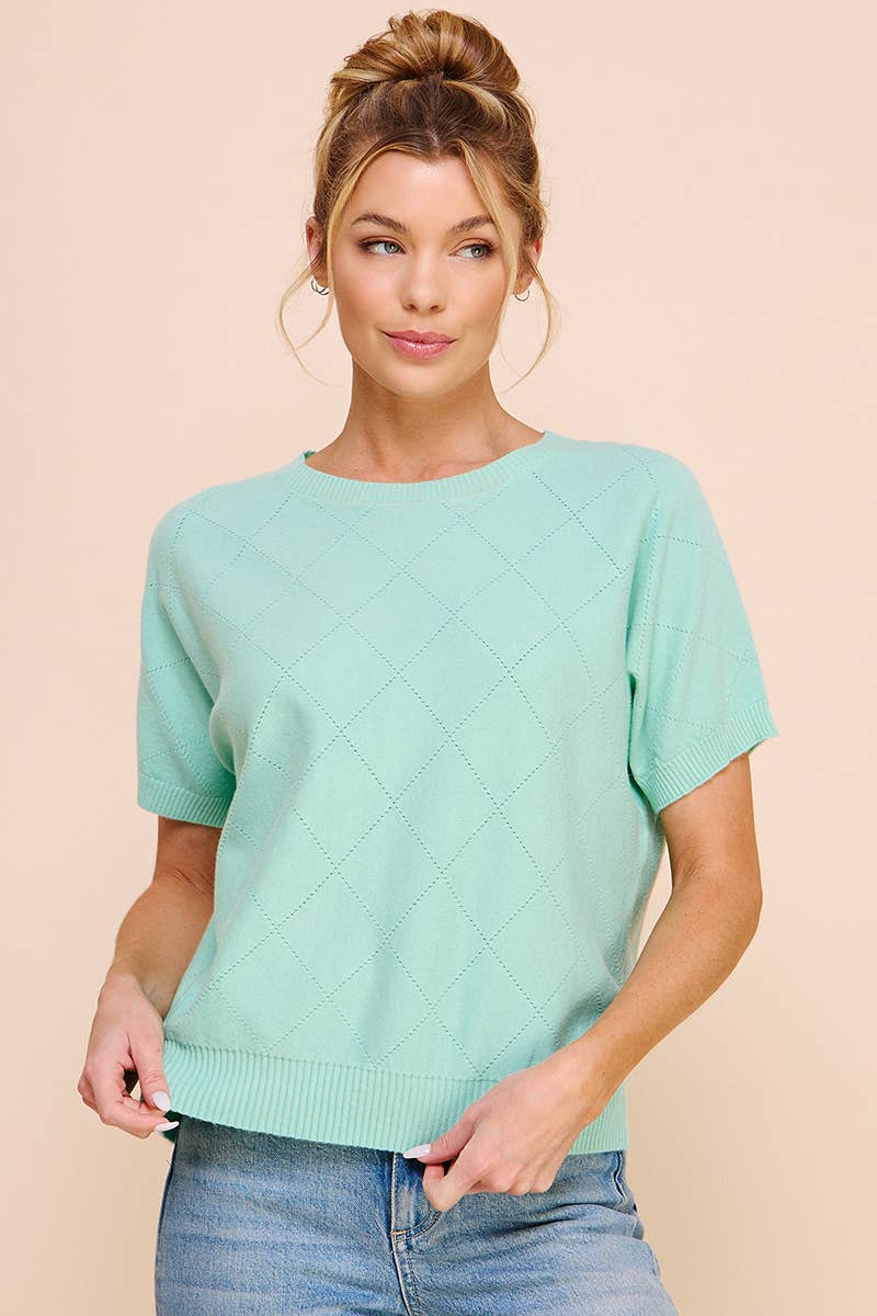 Short Sleeve Diamond Pointelle Top: Coral Rose