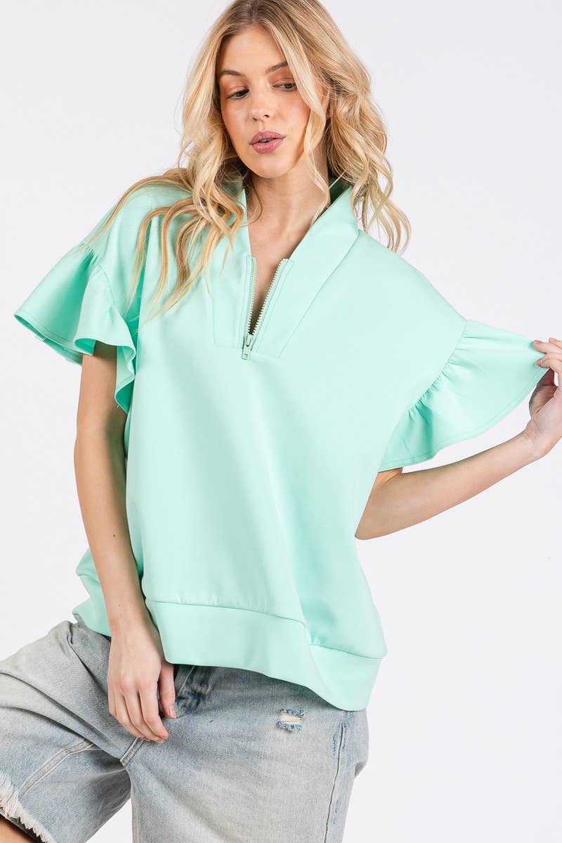 SCUBA HALF ZIP UP RUFFLE SLEEVE TOP: CREAM