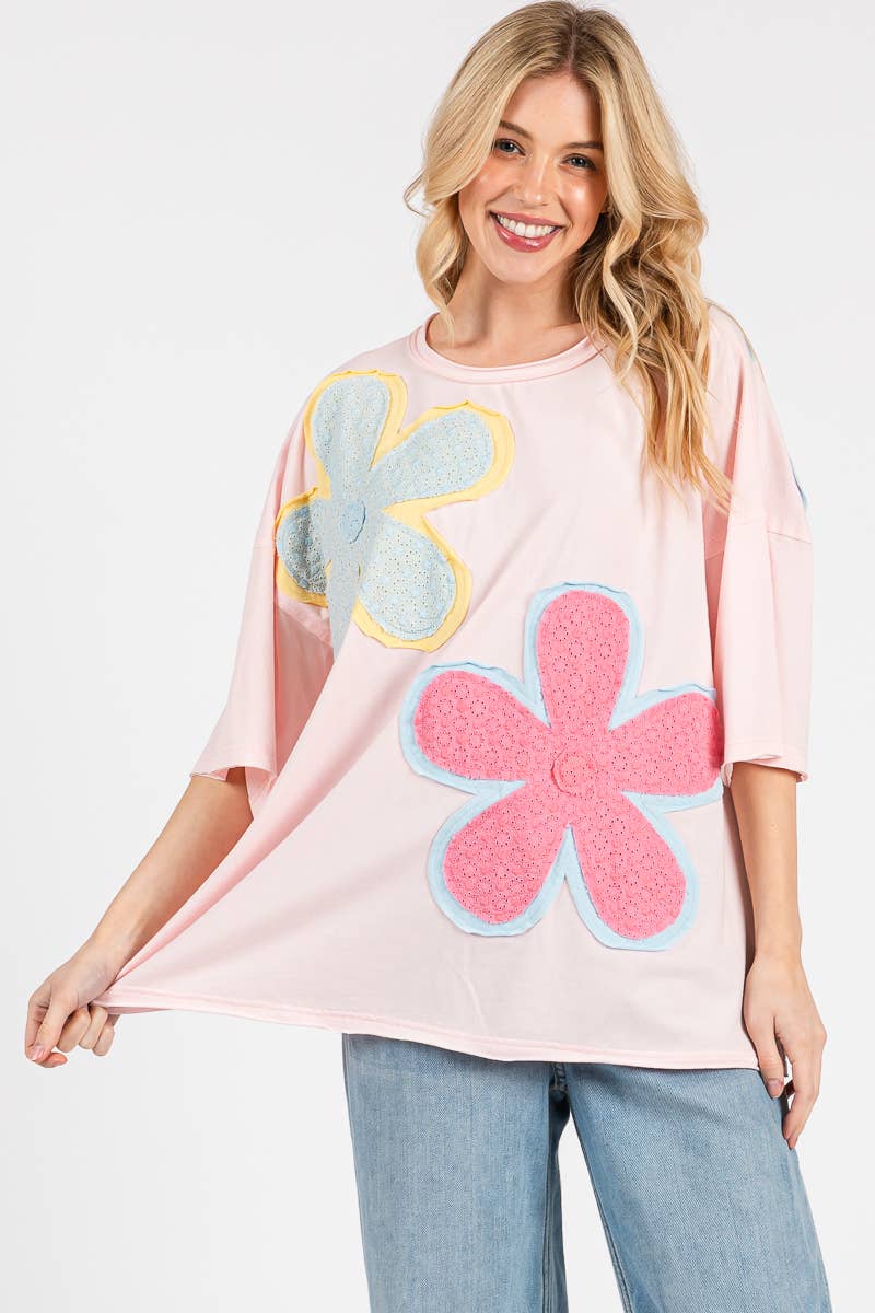 WASHED FLORAL PATCHWORK OVERSIZED TEE: DUSTY BLUE