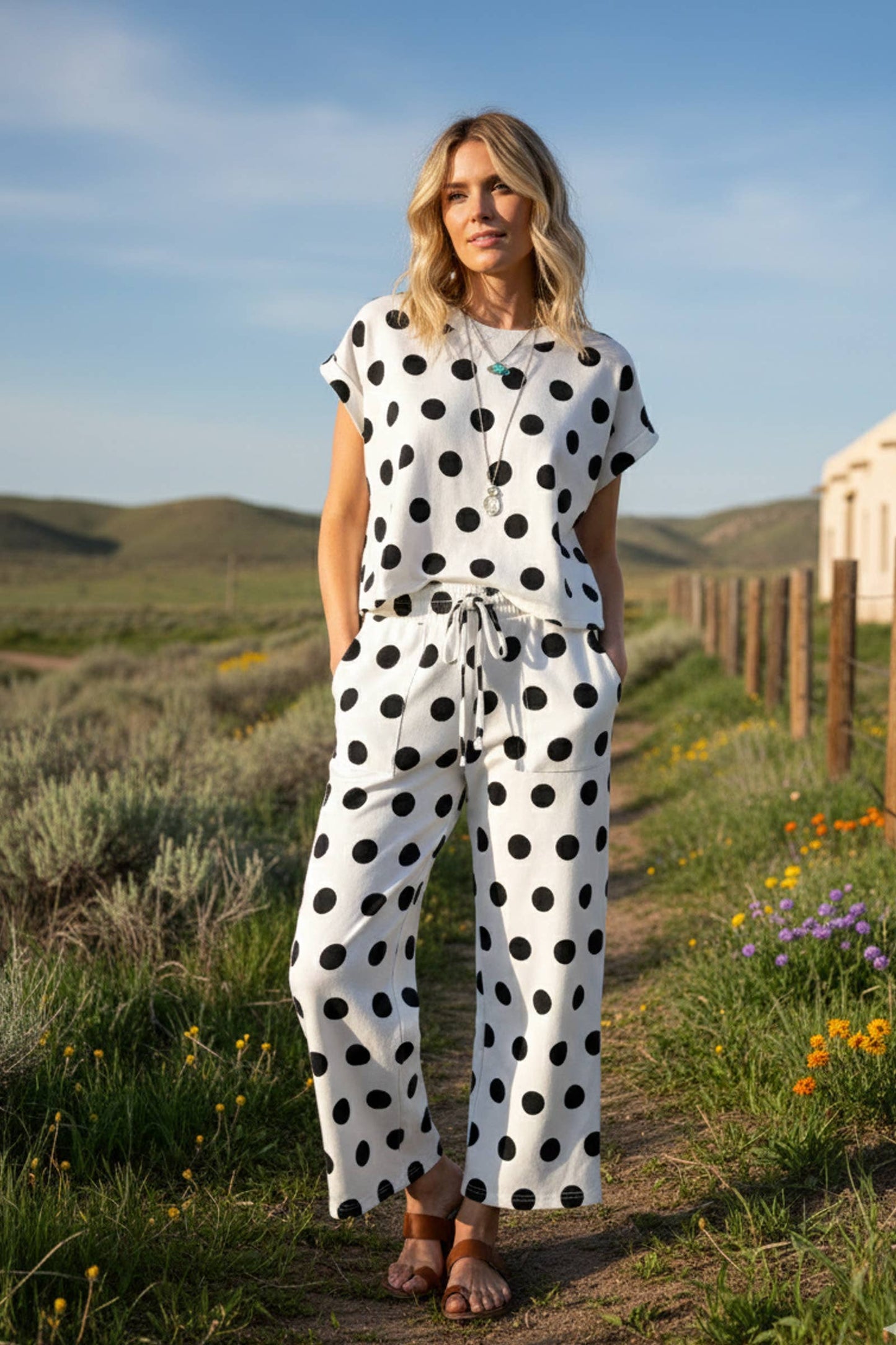 Polka Dot Top and Pants Lounge Set: WHITE/BLACK