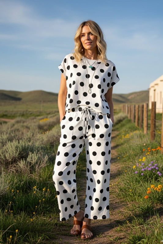 Polka Dot Top and Pants Lounge Set: WHITE/BLACK