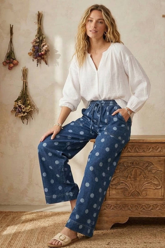 Polka Dot Denim Wide Leg Pants: DENIM