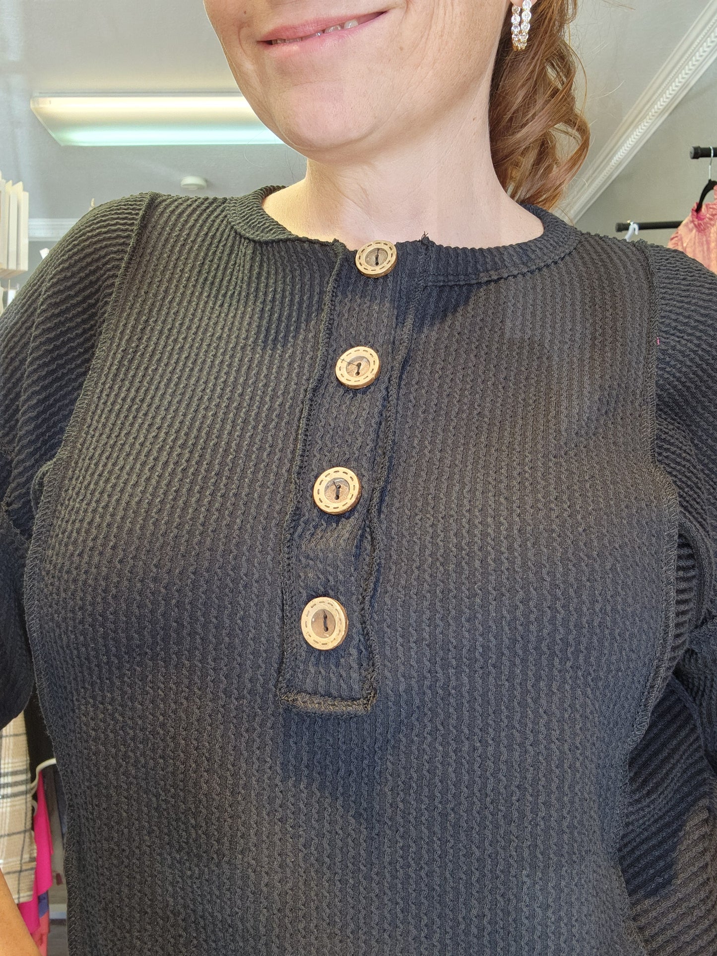 Heimish Black Ribbed Top with Buttons