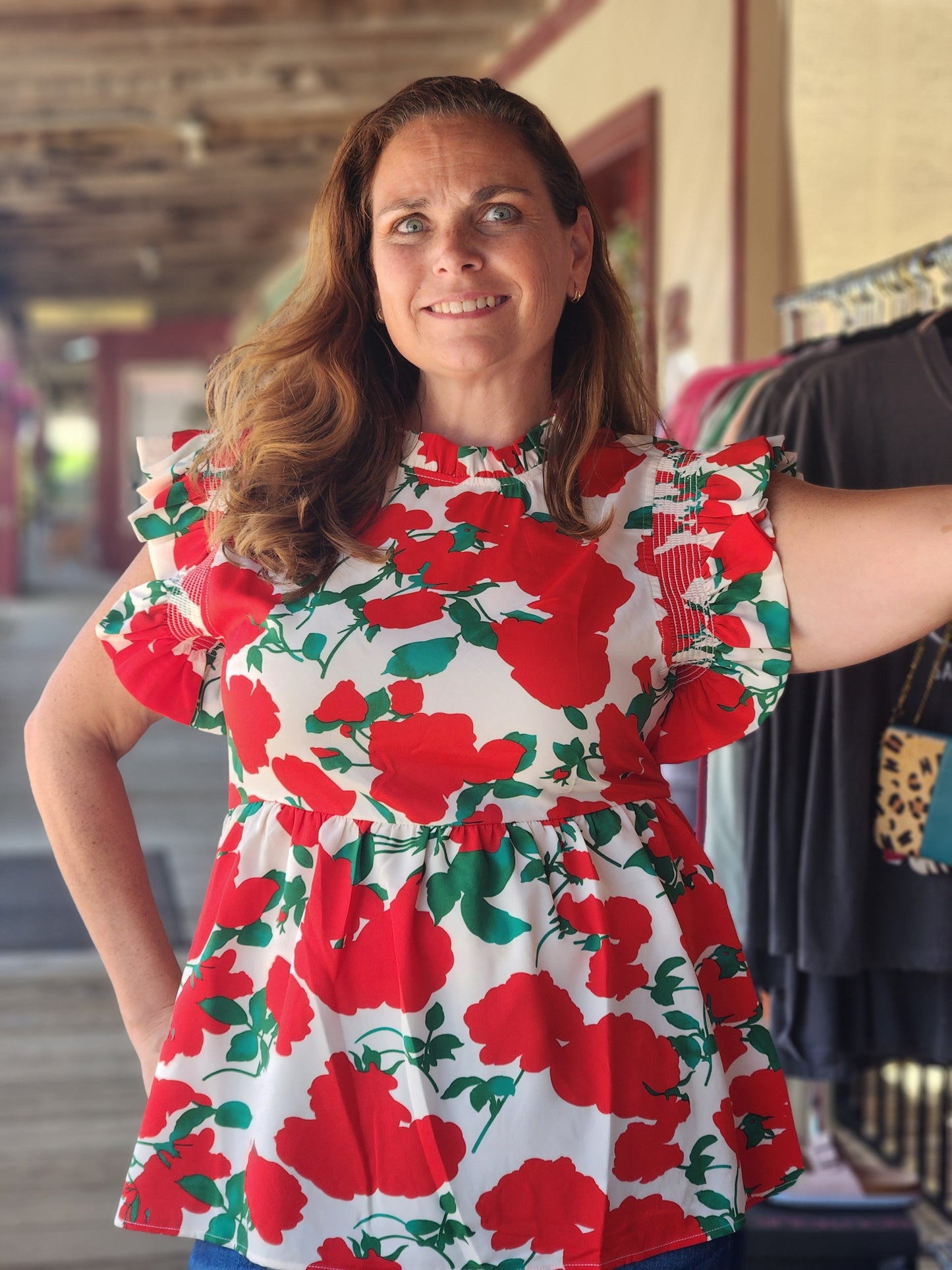 Jodifl White, Green, Red Floral Peplum Blouse