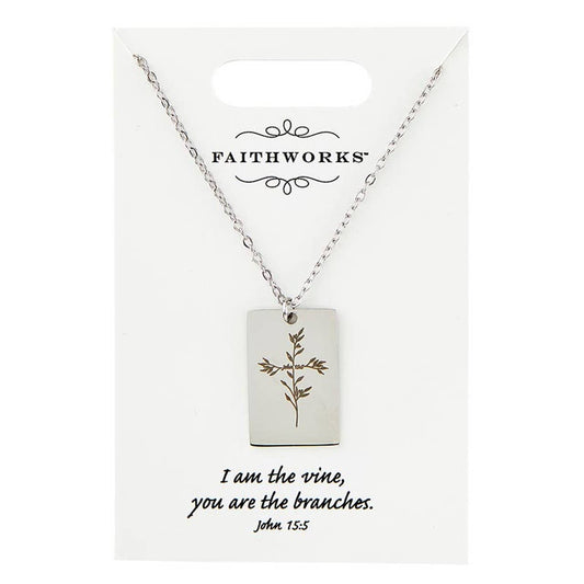 Square Pendant Necklace - Jesus is the Vine - Silver: Wipe Clean with Damp Cloth / Silver Plated / 15" L x 2" Extender