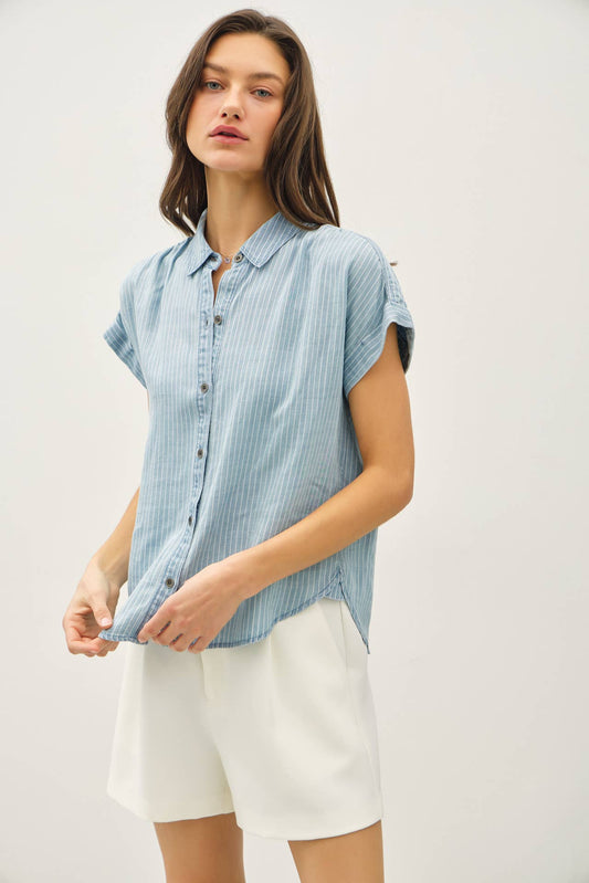 TENCEL BUTTON UP TOP W/ ROLLED SLEEVES : Stripe