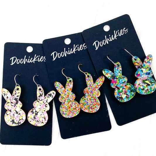 Doohickies - 1.5" Confetti Marshmallow Bunnies -Easter Earrings: Teal Party