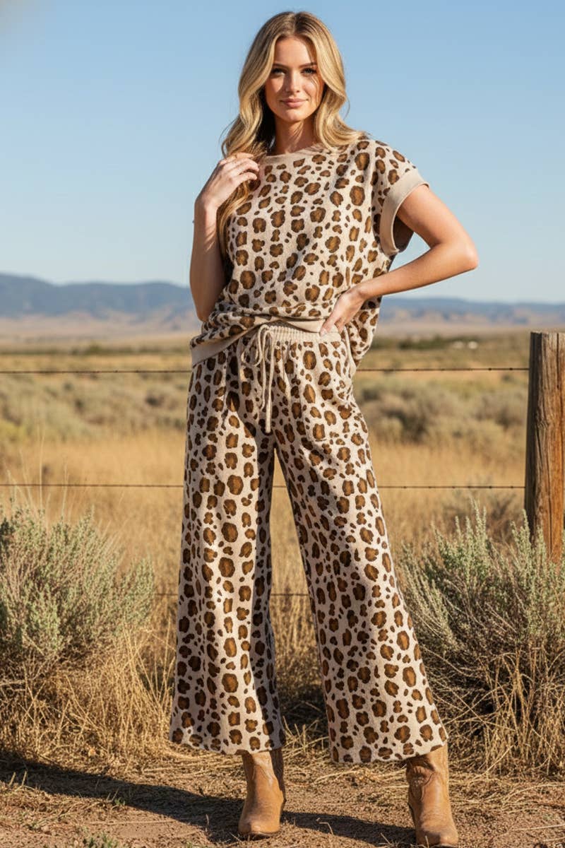 LEOPARD PRINT SCUBA TOP AND PANTS SETS: BROWN MULTI /