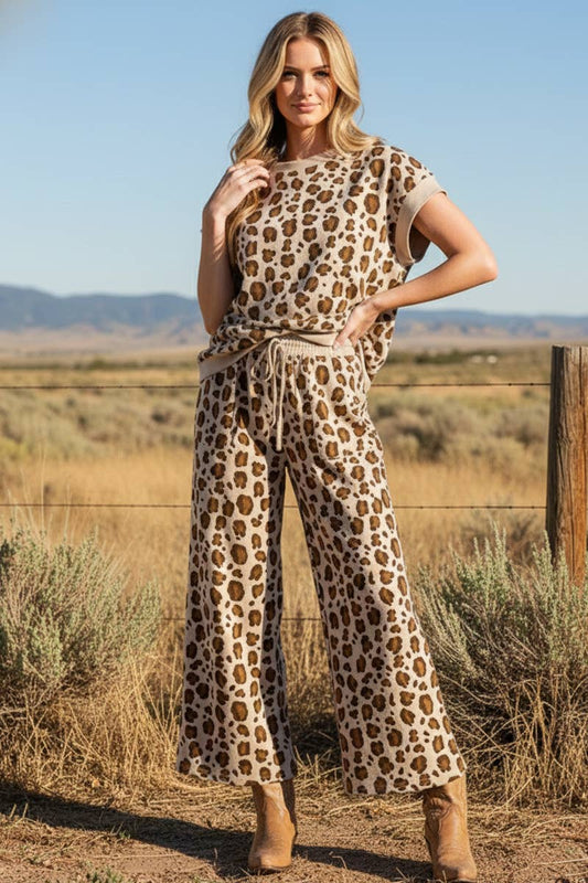 LEOPARD PRINT SCUBA TOP AND PANTS SETS: BROWN MULTI /