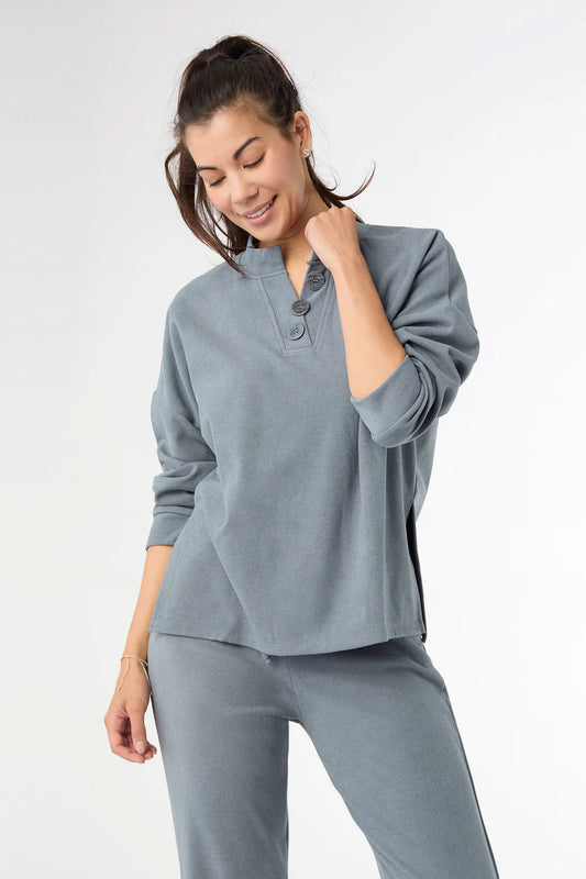 Weekend Brushed Henley Auburn Top Hazy Blue