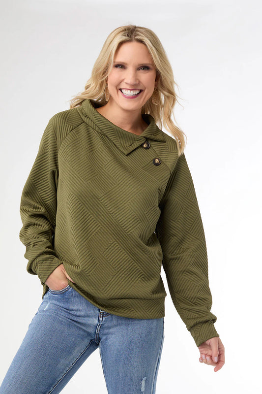 Phoenix Quilted Button Mock Neck Top Olive