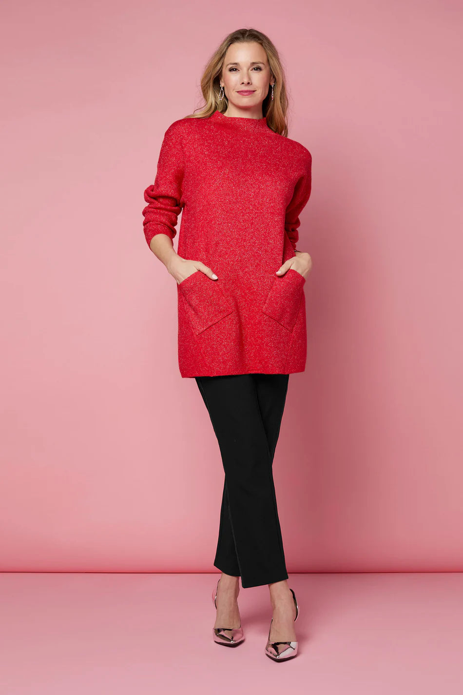 Red Heavenly Glitz Mock Neck Tunic Sweater with Pockets