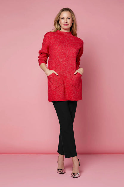 Red Heavenly Glitz Mock Neck Tunic Sweater with Pockets