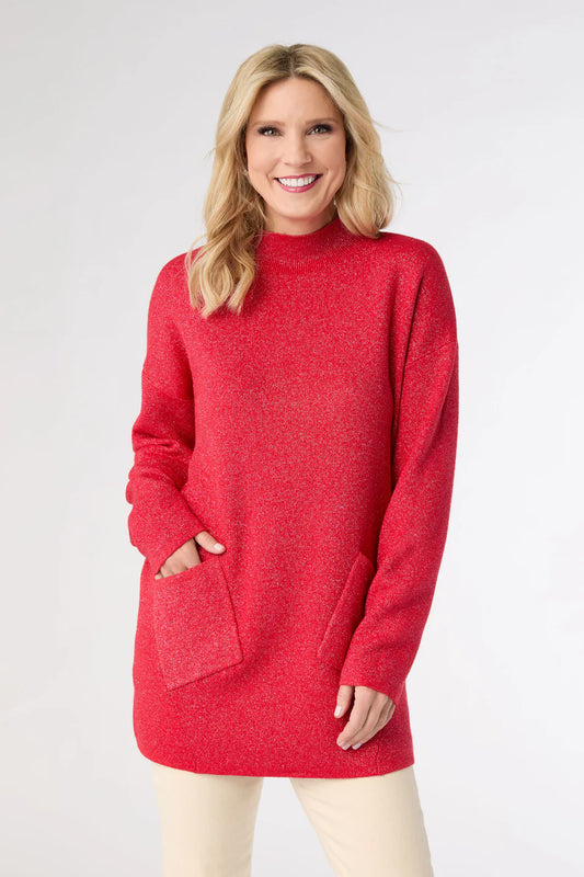 Red Heavenly Glitz Mock Neck Tunic Sweater with Pockets