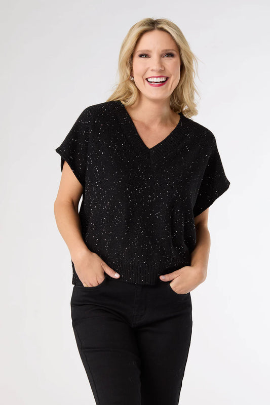 Janece Sparkle V-Neck Cap Sleeve Sweater Black