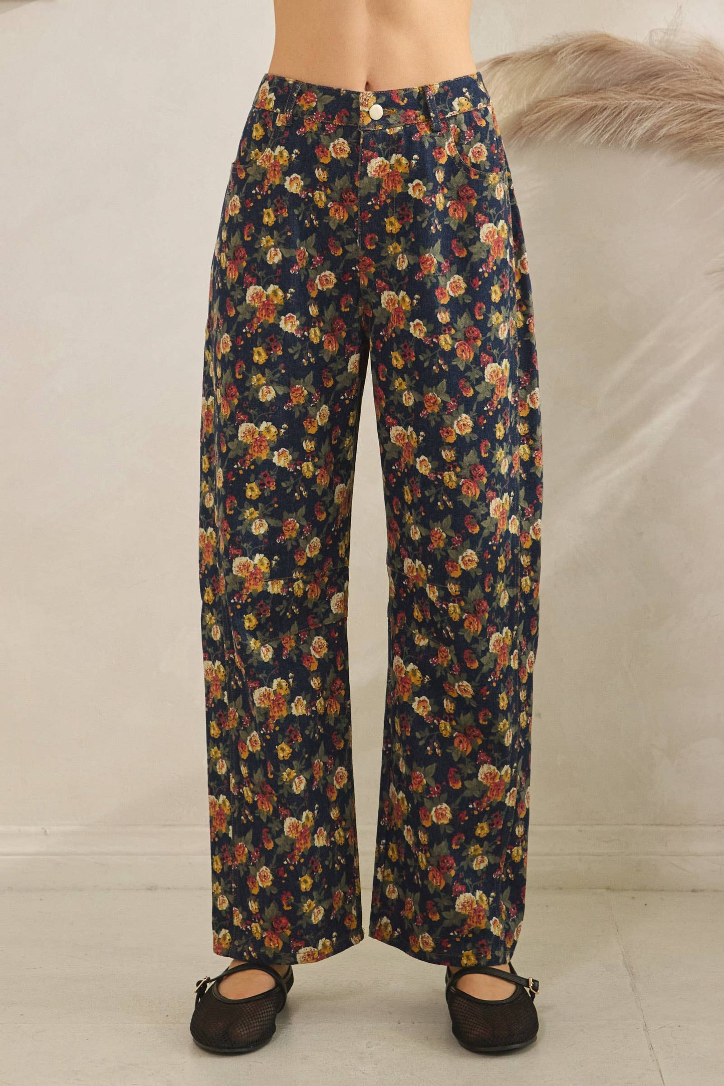Mineral Washed Floral Denim Barrel Pants: DK DENIM