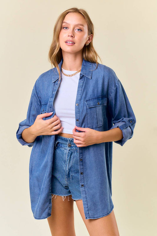 Denim Split V-Neck Lapel Collared Shirt - 44662T: DENIM / L