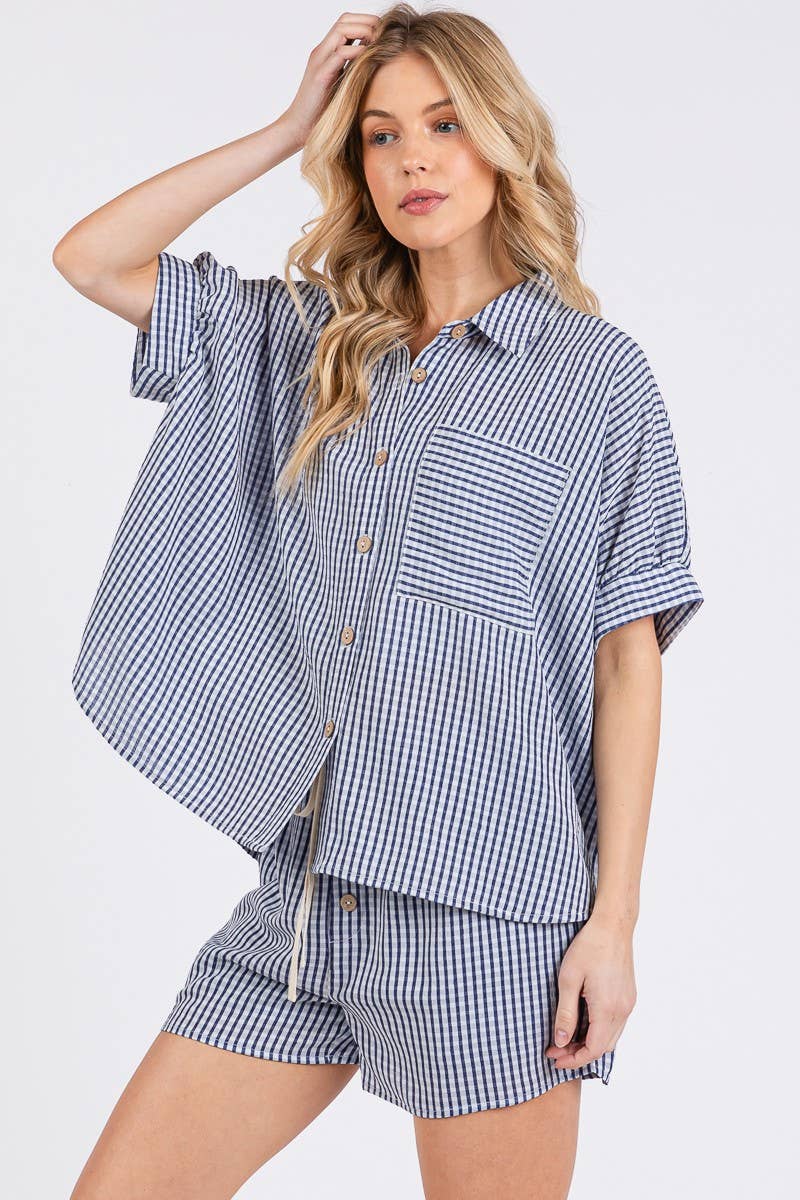 MINI CHECKER BUTTON DOWN TOP AND SHORTS SETS: NAVY