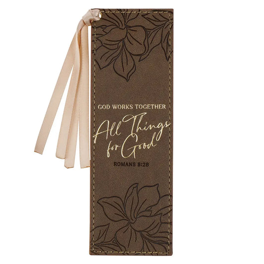 Bookmark Faux Leather Brown God Works For Good Romans 8:28