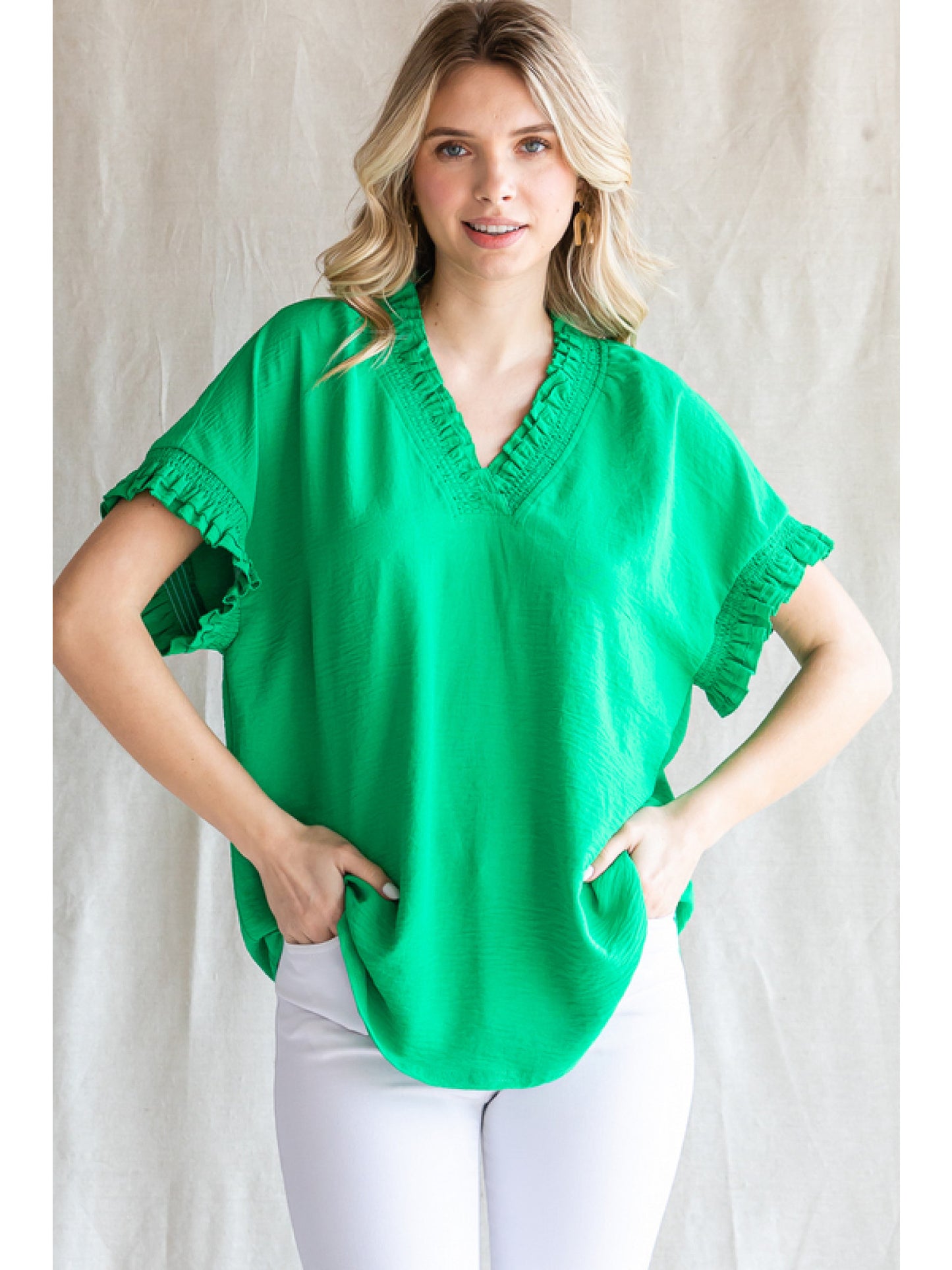 Jodifl Green Frilled Sleeve/Neck