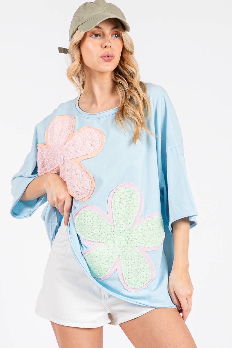 WASHED FLORAL PATCHWORK OVERSIZED TEE: DUSTY BLUE