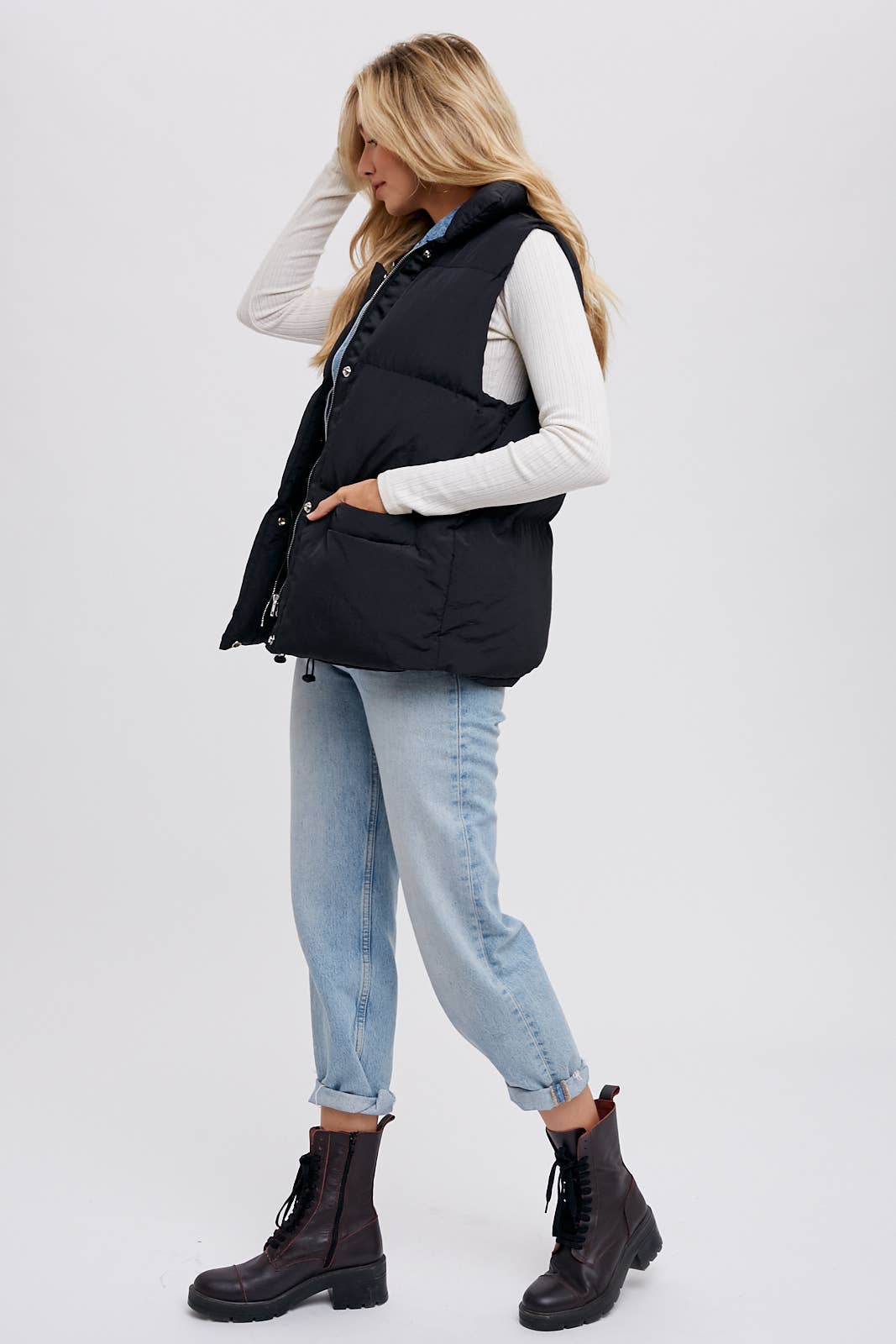 DENIM LAYERED PUFFER VEST: BLACK