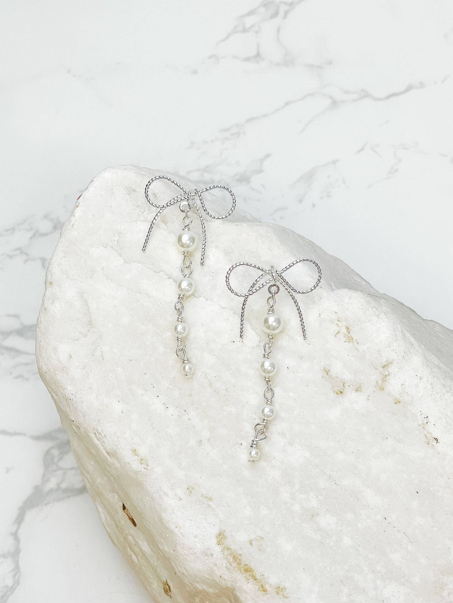 Dainty Bow & Pearl Chain Dangle Earrings: Silver