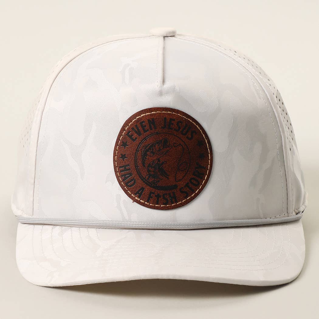 EVEN JESUS HAD A FISH STORY Leather Patch Rope Trucker Hat: WHITE