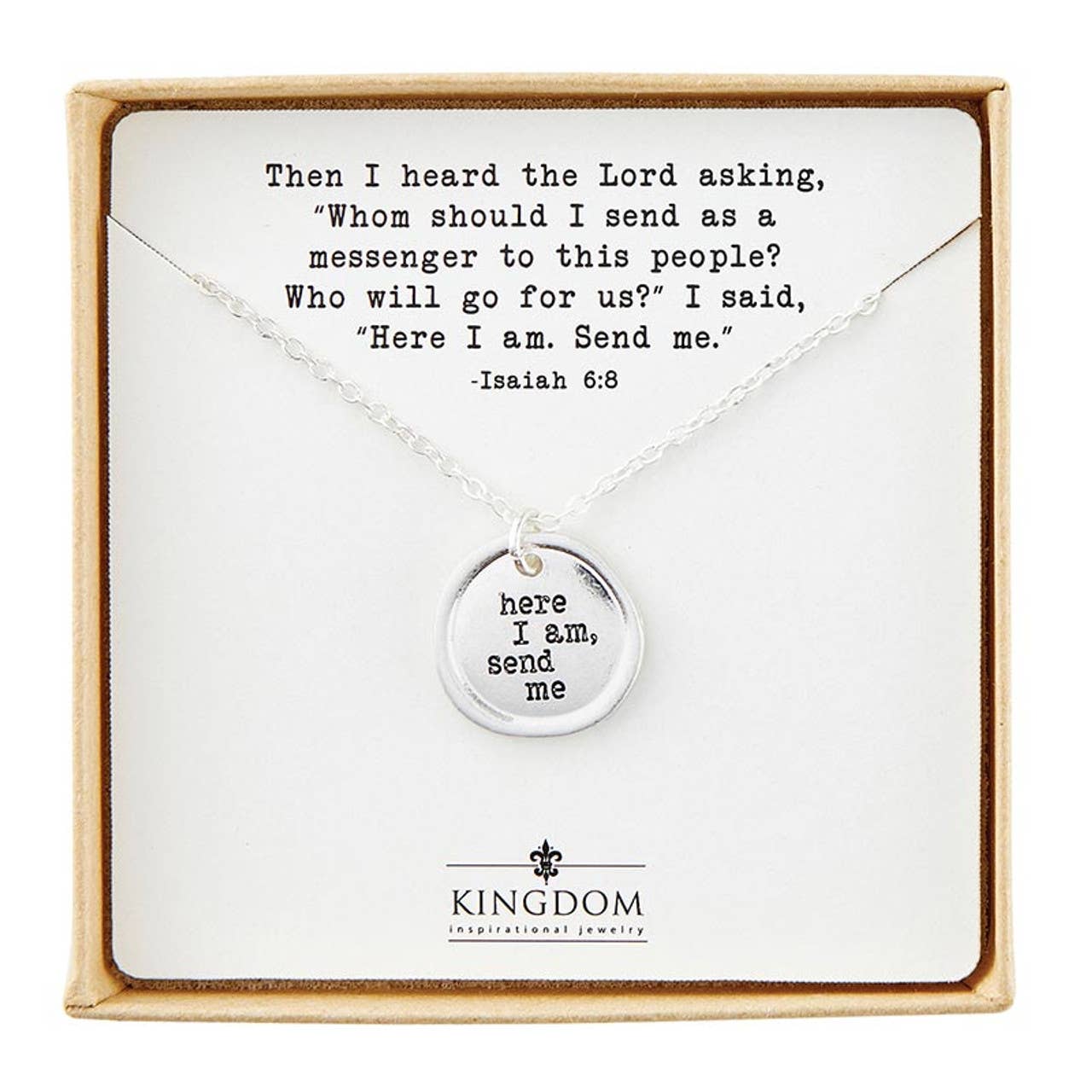 Stamp Pendant Necklace - Here I Am - Silver: Wipe Clean with Damp Cloth / Silver Plated / Chain: 20" L Adjustable, Pendant: .75" Dia