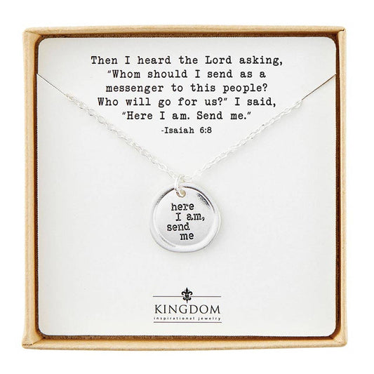 Stamp Pendant Necklace - Here I Am - Silver: Wipe Clean with Damp Cloth / Silver Plated / Chain: 20" L Adjustable, Pendant: .75" Dia