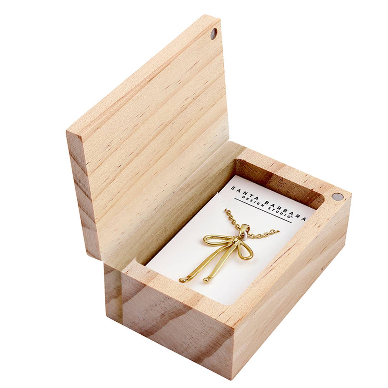 Treasure Box Bow Necklace - You are a Gift: Pine Wood, Zinc Alloy, Glass / Necklace: 17 L with 2 Extender, Box: 2 W x 1.25 H x3 D