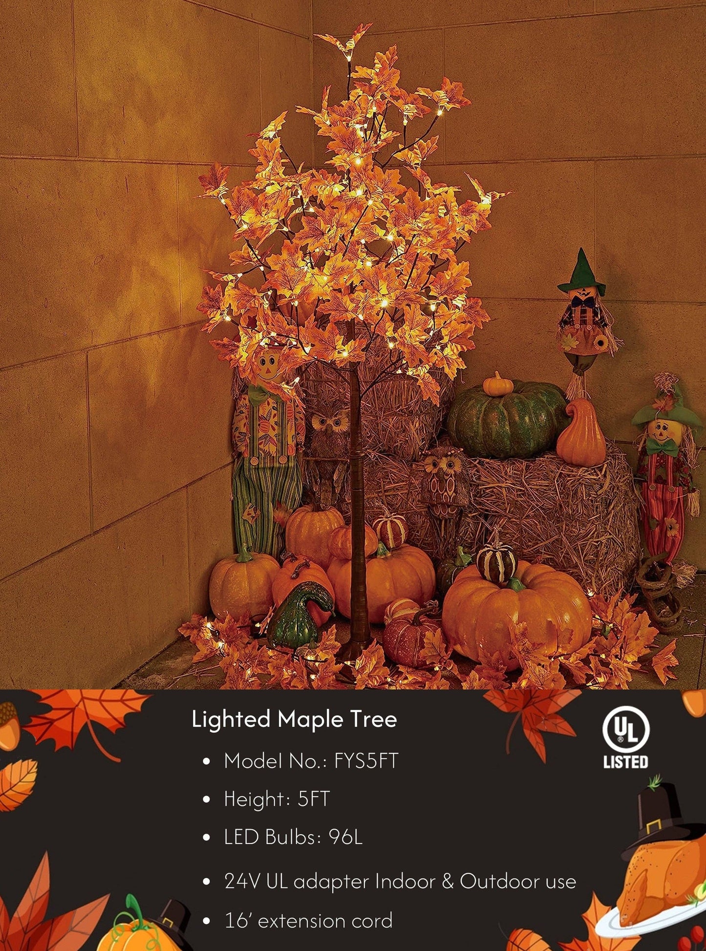 Fall Maple Tree, Warm White LEDs, Indoor/Outdoor Autumn Decoration: 6-Foot