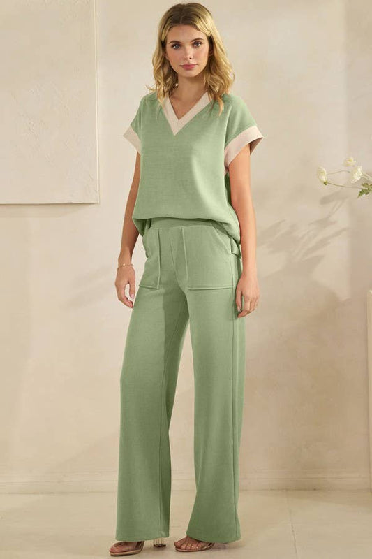 Corduroy Modal Short Sleeve Top and Pant Set: Sage