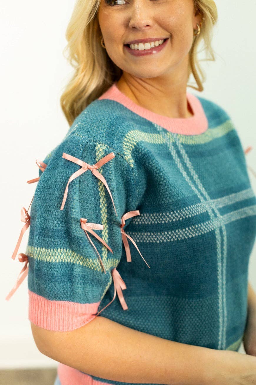 Plaid Sweater with Puff Sleeves: Turquoise