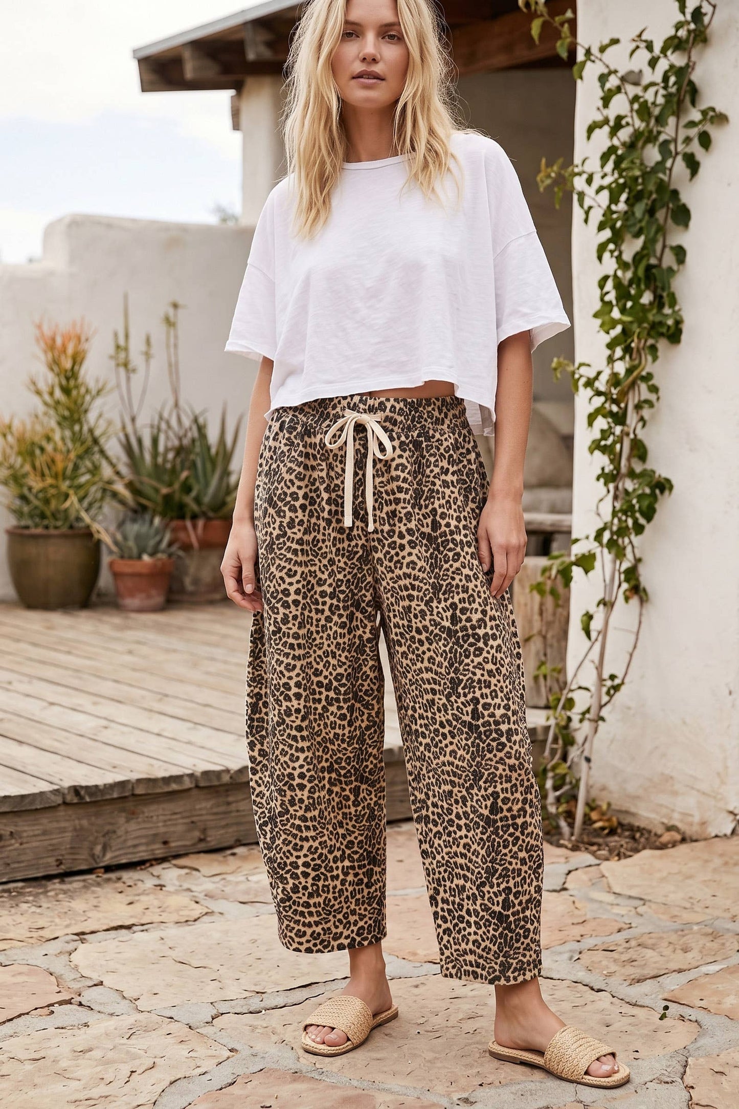 Oversized French Terry Leopard Barrel Pants: BROWN COMBO / L