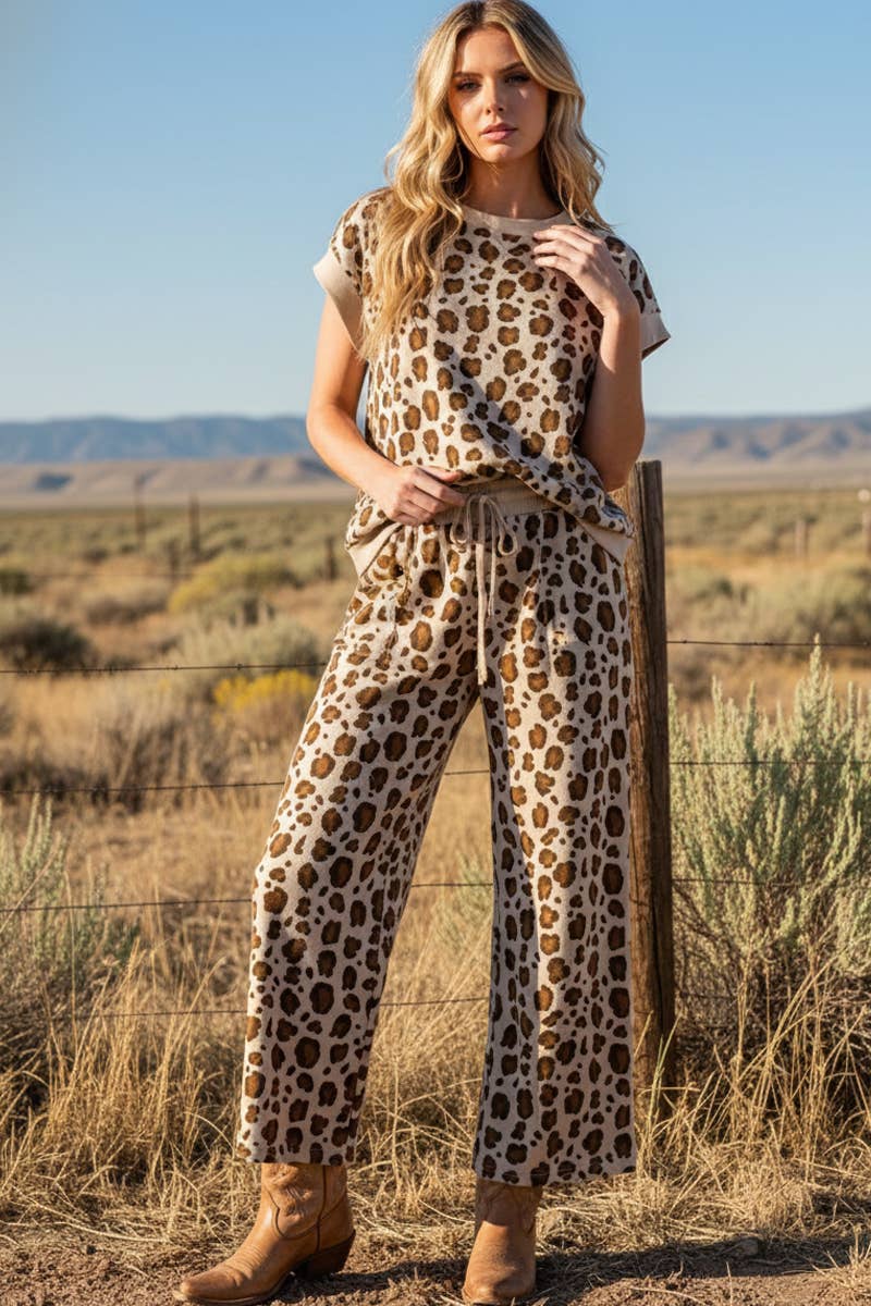 LEOPARD PRINT SCUBA TOP AND PANTS SETS: BROWN MULTI /