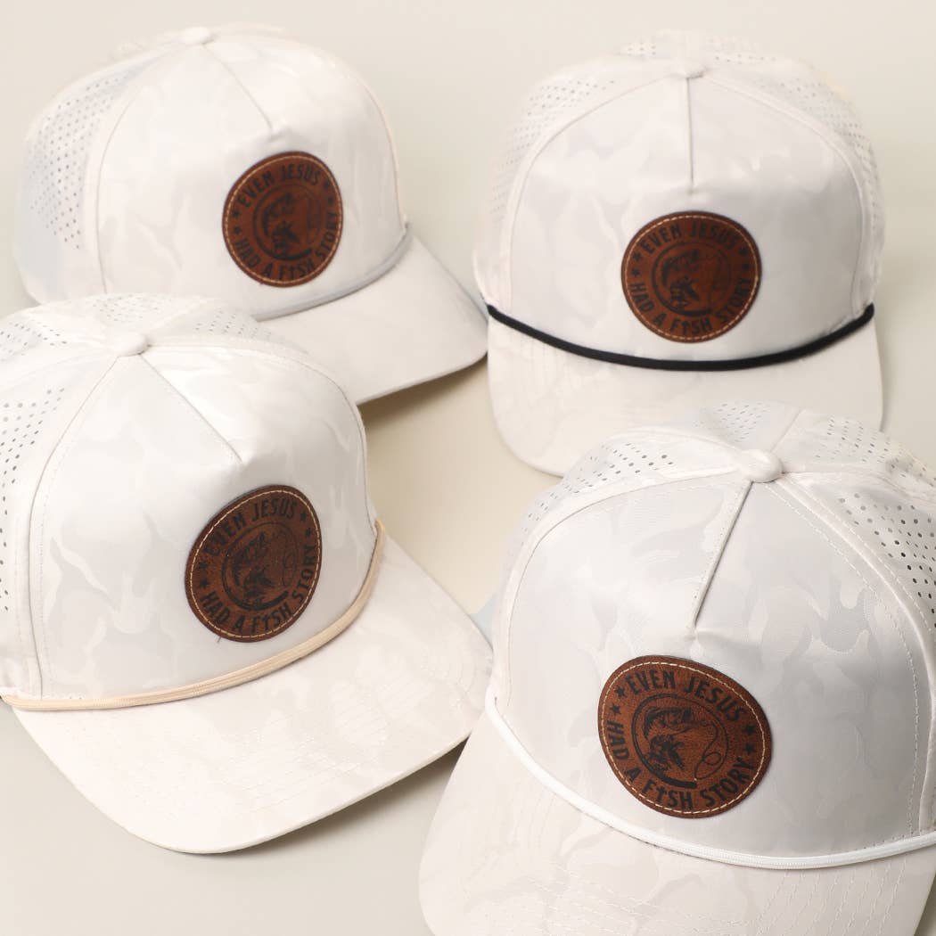 EVEN JESUS HAD A FISH STORY Leather Patch Rope Trucker Hat: WHITE