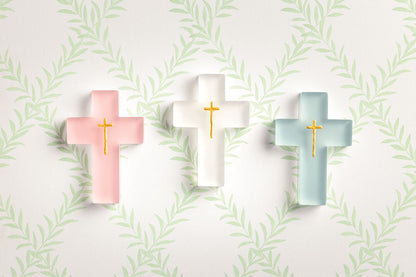 Painted Resin Cross - Pink, Blue or White with gold cross