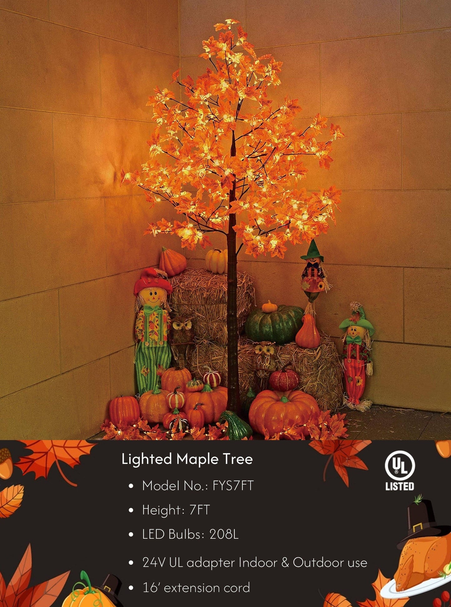 Fall Maple Tree, Warm White LEDs, Indoor/Outdoor Autumn Decoration: 6-Foot