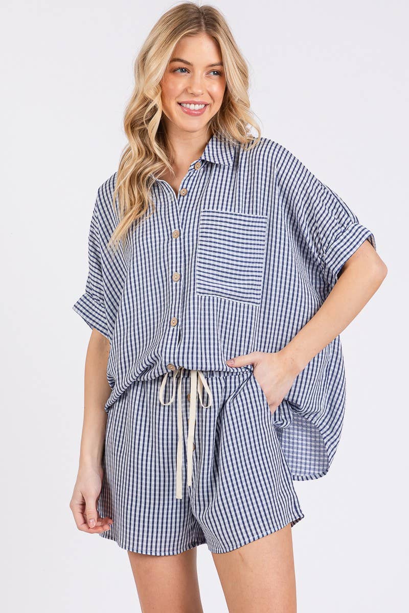 MINI CHECKER BUTTON DOWN TOP AND SHORTS SETS: NAVY