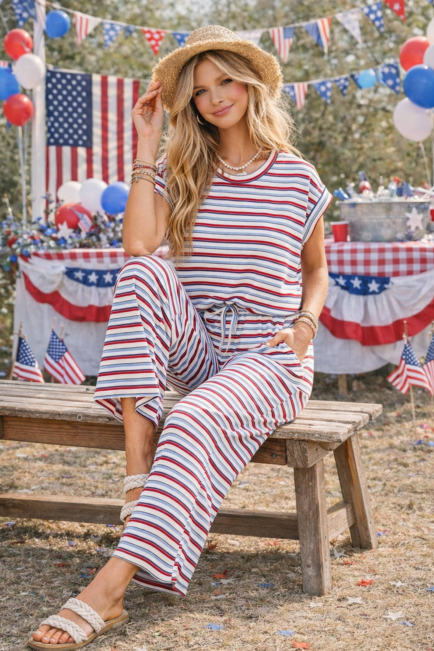 4th of July Americana Ribbed Striped Lounge Set: RED/BLUE/WHITE