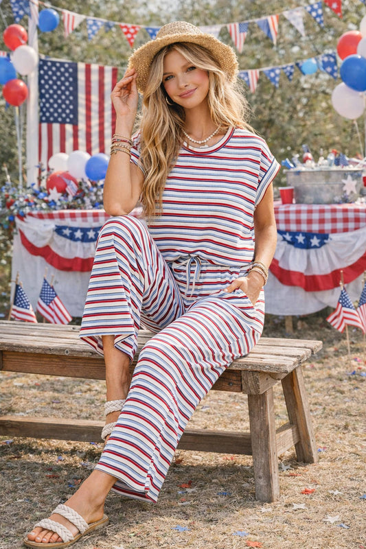 4th of July Americana Ribbed Striped Lounge Set: RED/BLUE/WHITE